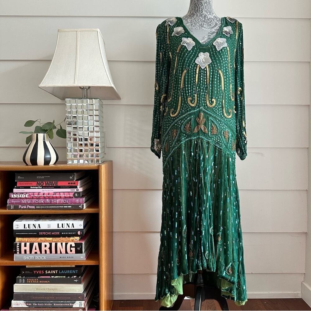 Vintage Green Beaded Maxi Dress with Gold & White Accents